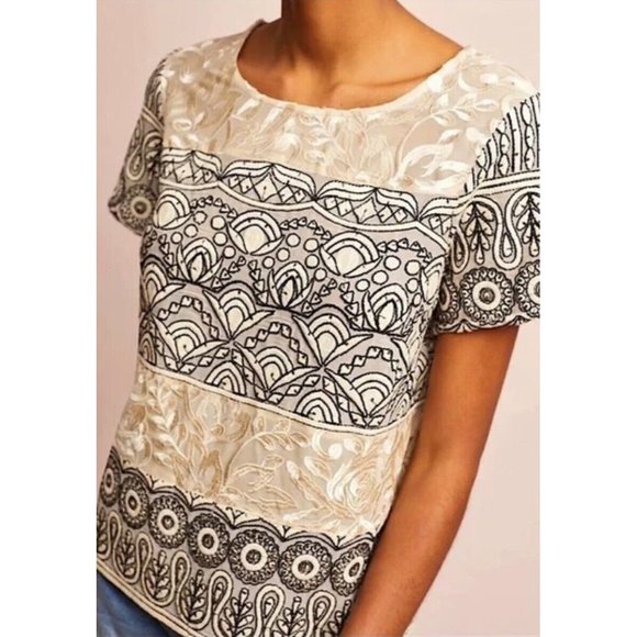 Anthropologie Meadow Rue Womens Embroidered Sleeve Blouse Gold 10 - Picture 1 of 11